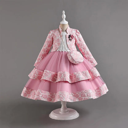 Neues Mädchenkleid, zweiteiliges Set, 3–10 Jahre alt, wunderschönes Weihnachts-Performance-Kleid, Herbst-Party-Abschlussballkleid für Mädchen