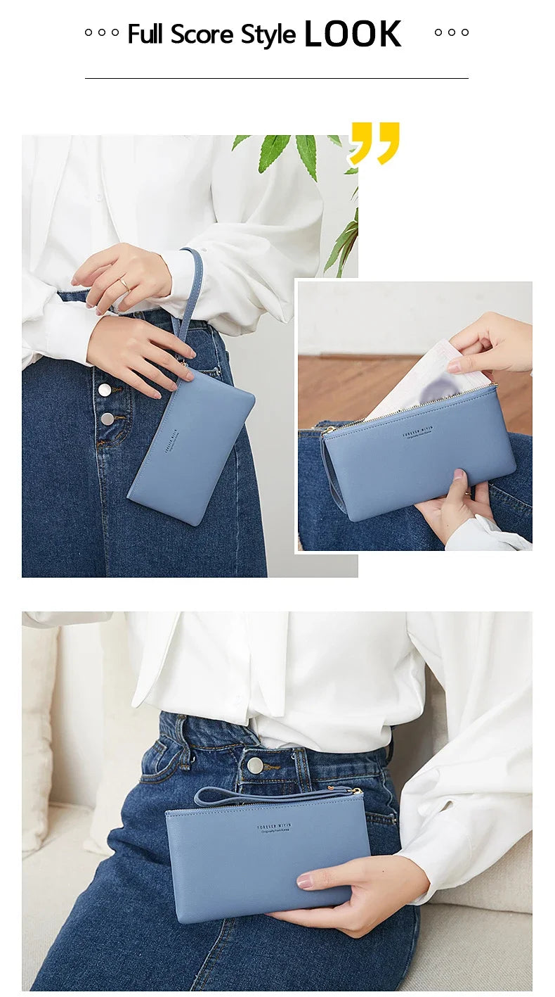 MIYIN Simple and Fashionable Women's Ultra Thin Long Wallet Solid Color PU Leather Zipper Wallet Large Capacity Portable Handbag.