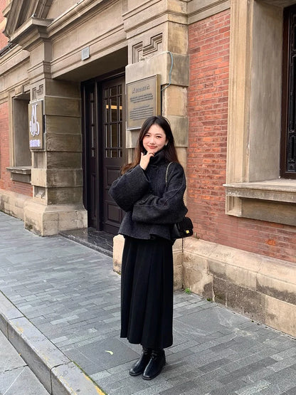 Thick Hepburn Style Woolen Pleated Skirt High Waist Slimming Casual Half Skirt Women Autumn Winter Unique Long Skirt