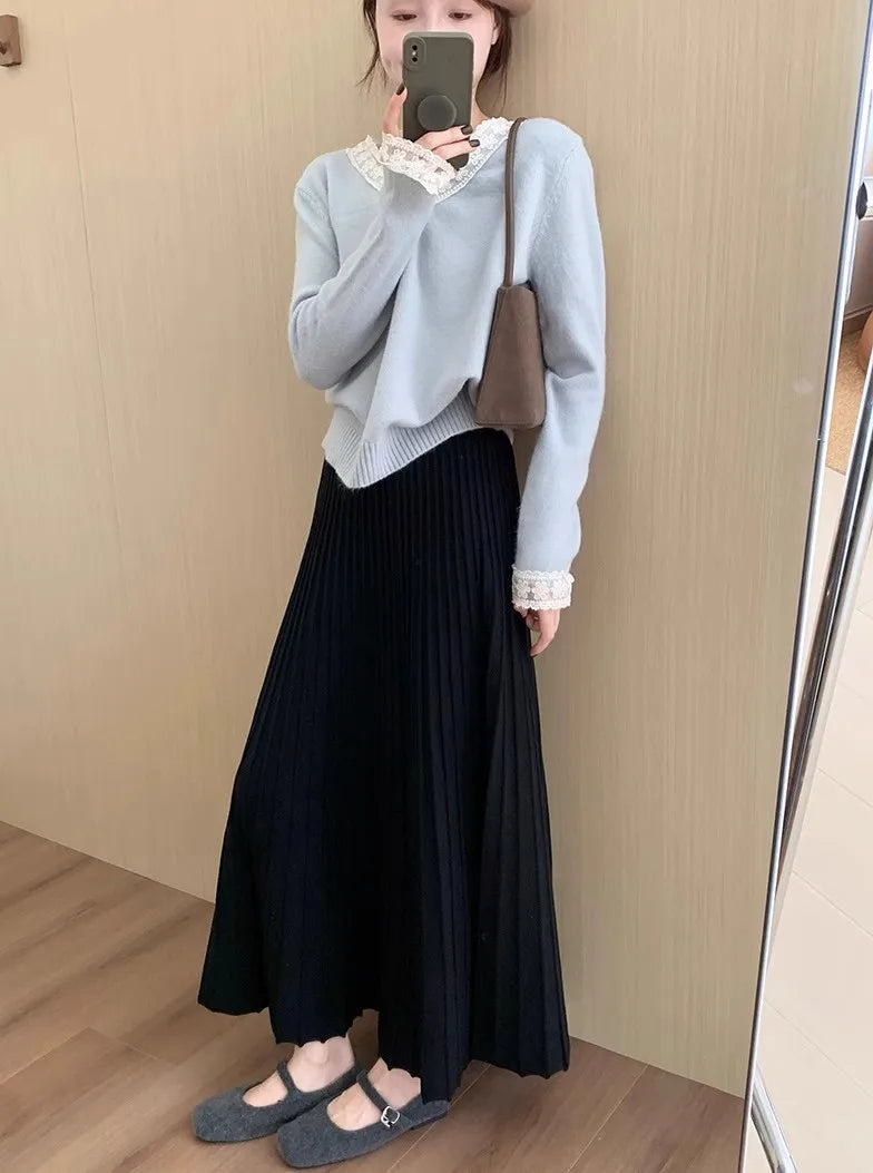 2026 Khaki Cashmere Knitted Midi Skirt for Women, Loose Fit, Draped, Slimming A-Line Pleated Skirt for Autumn and Winter
