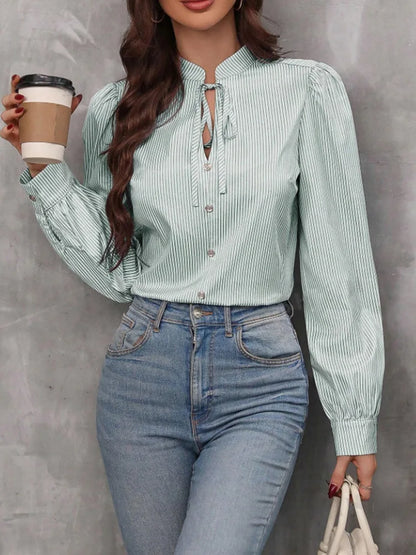Women V-Neck Button Down Long Sleeve Top Solid Color Striped Shirt Office Lady Work Clothes.