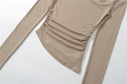 Slim Fit Long Sleeve T-Shirt Irregular Hem Slant Collar Pleated Pure Desirable Sexy Top for Women Fashionable Autumn New Style.