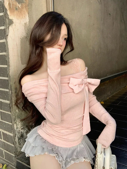 Morning Collar French Style One Shoulder Butterfly Knot Long Sleeve T-Shirt Women's Autumn Winter Slim Fit Inner Wear Top.