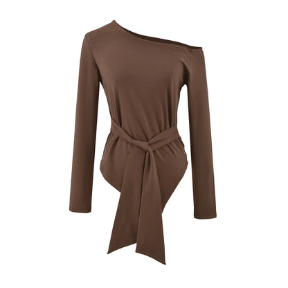 Sexy Long Sleeve T-Shirt Women's Waist Cinched Shoulder Bared Strap Design Autumn 2025 Irregular Halter Neck Top for Trendy Girl.