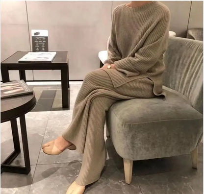 2024 Autumn Winter New Women's Fashion Fashionable Age Reducing Two Piece Pants Knitted Sweater Straight Leg Pants Set For Women.