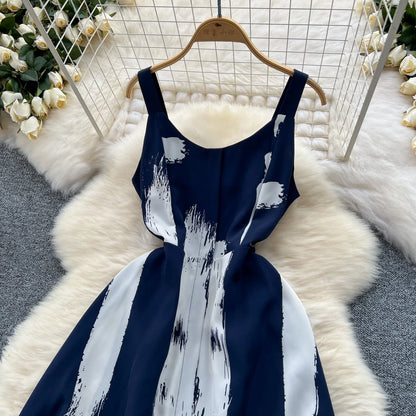 Neue Sommer Druck Süße Kleid Träger O Neck Backless Split Elegante Damen Urlaub Strand Party Midi Sommerkleid