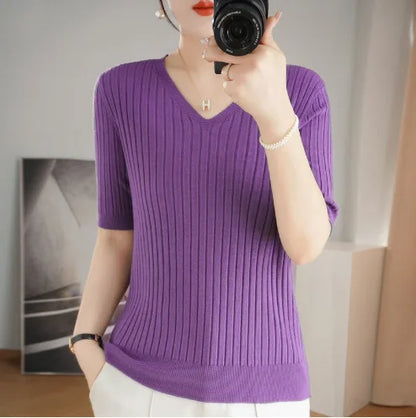 Frauen Pullover Frühling Sommer Kurzarm V-ausschnitt Strick Hemd Casual Koreanische Pullover Streifen Bodenbildung Shirt Slim Fit Jumper
