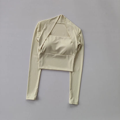 Fitness Chest Cushion Sports Top Women Long Sleeve Shirts Pra Speed Up Short Elegant Dance Yoga Clothes Small Waistband Gym.