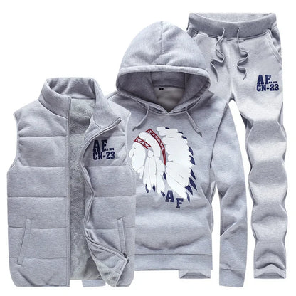 3 Pieces Set Hoodies+Vest+Pants Casual Men's Track Suit Clothing Coats Winter Thick Warm Tracksuit for Men Printed Mens Set Vest.