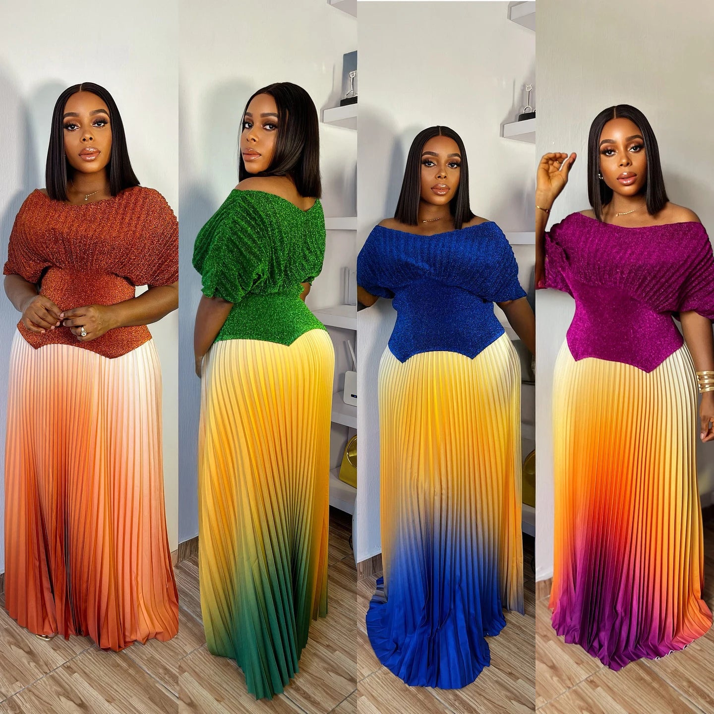 Women Plus Size Gradient Color Long Skirts And Tops Pleated 2 Piece Outfit Luxury Dubai Prom 2025 Casual For Female Fashion Sets.