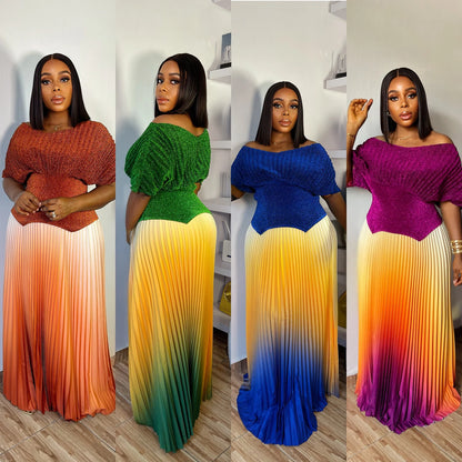Women Plus Size Gradient Color Long Skirts And Tops Pleated 2 Piece Outfit Luxury Dubai Prom 2025 Casual For Female Fashion Sets.