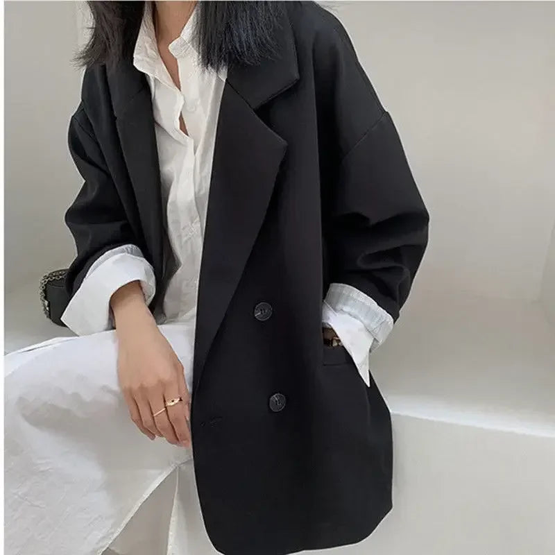 Neue 2025, Vintage Lose Frauen Solide Blazer Herbst Chic Zweireiher Weibliche Lange Hülse Anzug Jacken Stilvolle Damen Blazer