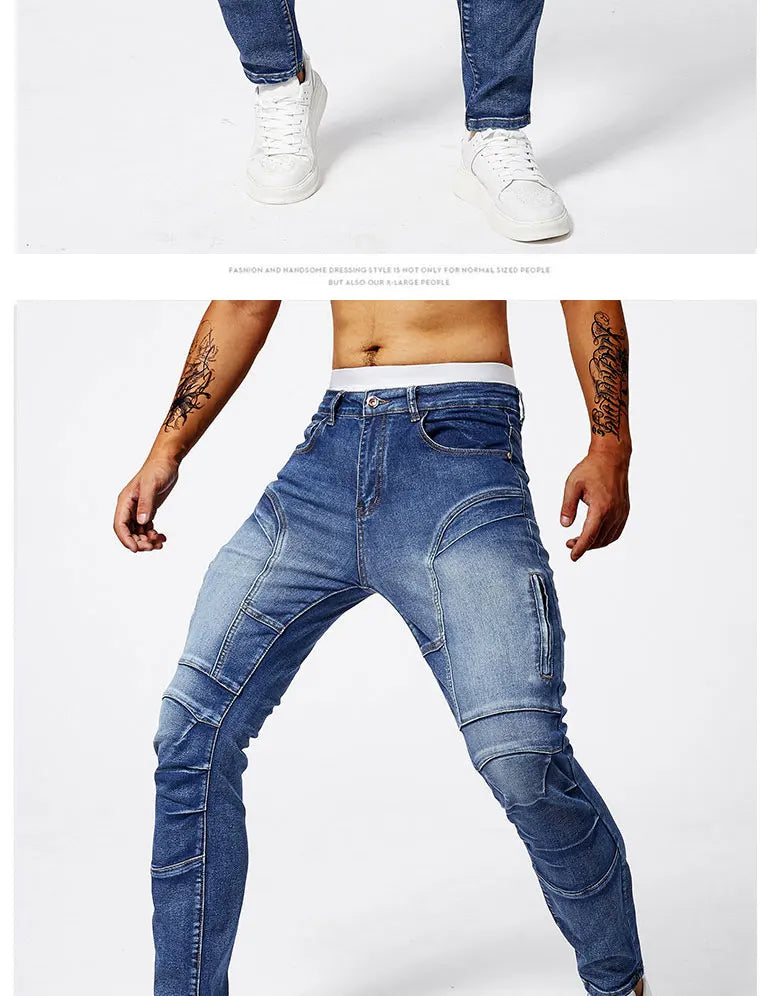 Two tone distressed patchwork jeans for men trendy jeans for summer thin straight leg pants slim fit small leg distressed jeans.