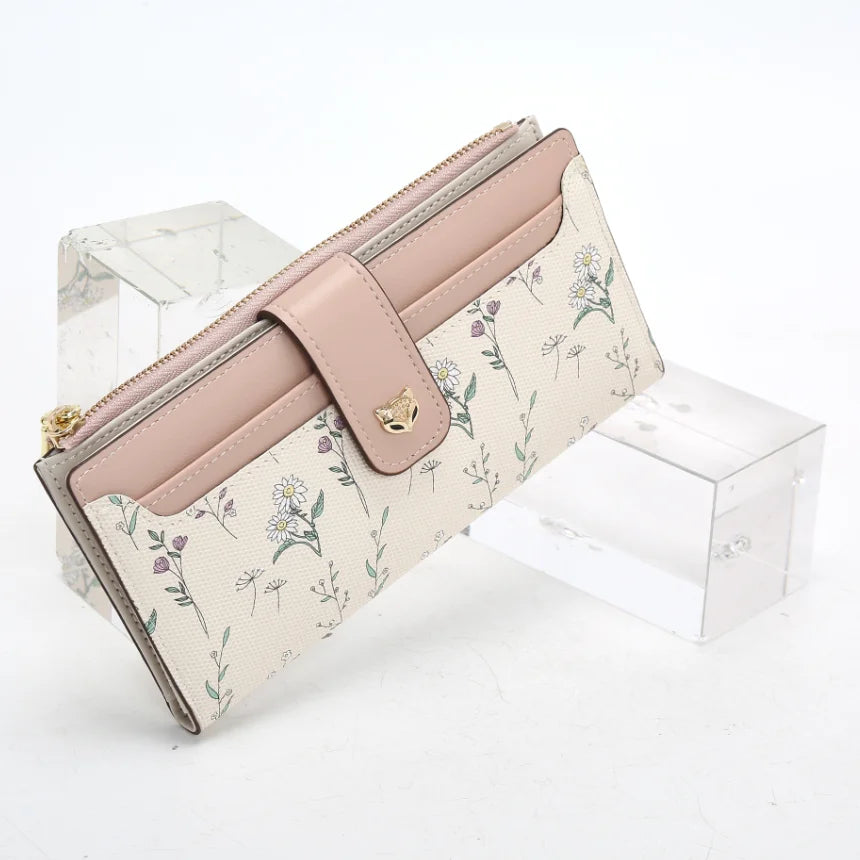 FOXER New Women's Long Wallet Fashion Multi-card Clutch Slot Card Holder Signature Versatile PU Floral Wallet Zipper Coin Purse