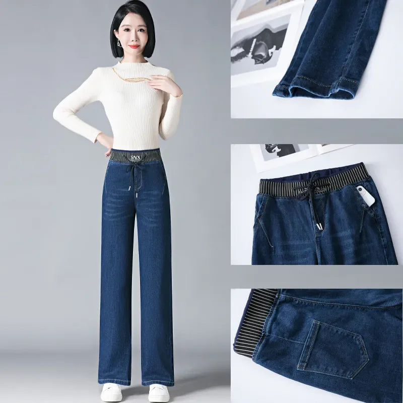 Women Elastic High Waist Straight Jeans Winter Warm Thicken Baggy Velvet Lined Wide Leg Denim Pants Korean Casual Vaqueros New.