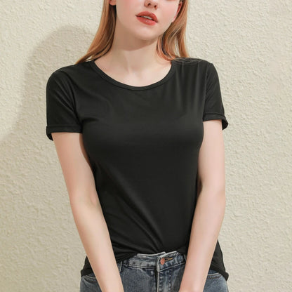 2024 Kurze T-Shirts Sommer Damen Kurzarm Rundhals Casual Bluse Shirts Einfarbig Tops Schwarz / Weiß