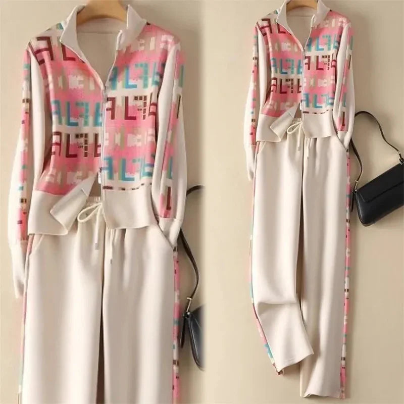 Frühling Herbst frauen Kleidung Set Gedruckt Doppel-Reißverschluss Jacke + hohe Taille Elastische Kordelzug Breite Bein Hosen Sport zwei-Stück Set