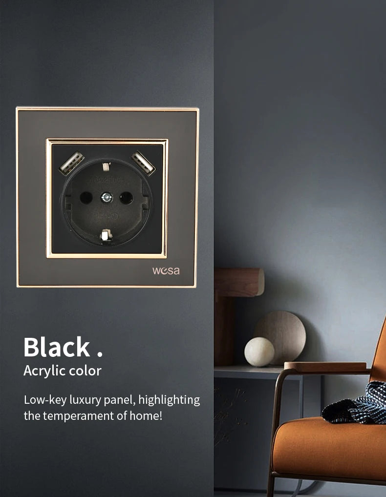 WESA Schwarze Spiegel-Acryl-Steckdose mit 2 USB-Steckdosen nach EU-Standard, Standard-Erdungsstecker, Steckdose, flammhemmend.