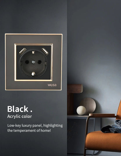 WESA Schwarze Spiegel-Acryl-Steckdose mit 2 USB-Steckdosen nach EU-Standard, Standard-Erdungsstecker, Steckdose, flammhemmend.