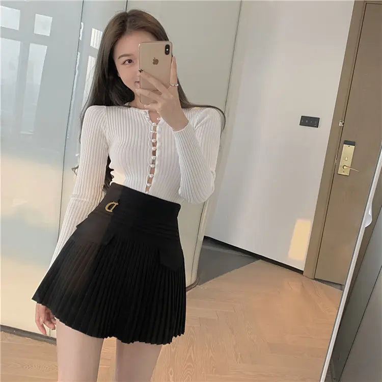White Pleated Skirt Women  High Waist Skater Skirt Female Korean A-Line High Fashion Casual Short Skirt Women Bottoms.