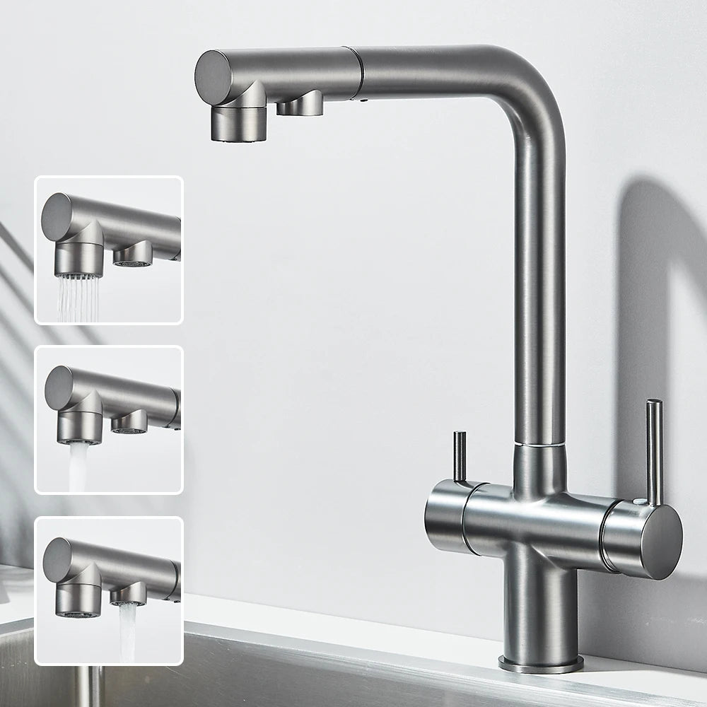 Filtered Kitchen Sink Faucet Pull Out Spray 360 Rotation Water Filter Tap Dual Sprayer Drinking Water Tap Vessel Sink Mixer