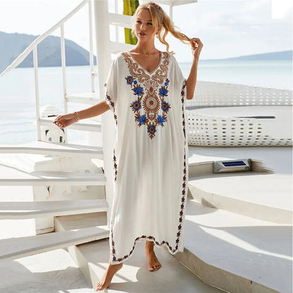 Women Embroidered Kaftan Dress Caftan Loungewear Long Bathing Suit Cover Up Beach Wear Vacation Outfit Loose Summer Women's Robe