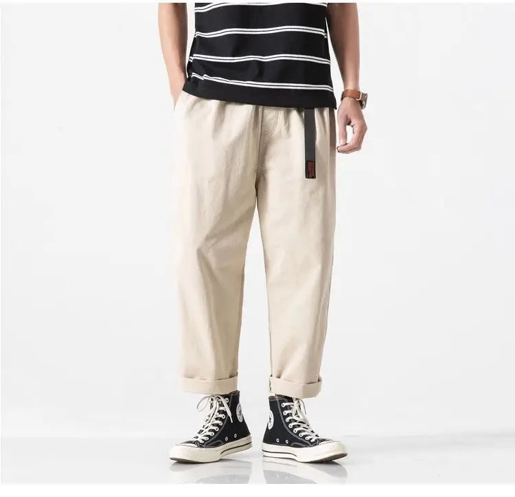 100% Cotton Casual Summer Pants With Belt Men Straight Baggy Ankle-Length Cargo Trousers Wide Leg Sweatpants Male Streetwear.