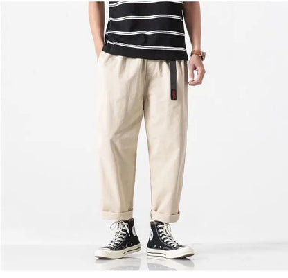 100% Cotton Casual Summer Pants With Belt Men Straight Baggy Ankle-Length Cargo Trousers Wide Leg Sweatpants Male Streetwear.