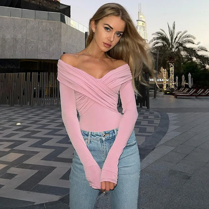 Cryptographic Fashion Off Shoulder Ruched Wrap Bodysuits Outfits for Women Elegant Skinny One Piece Long Sleeve Tops Solid.