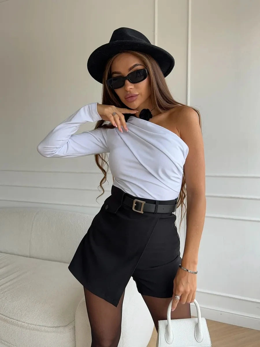 Women's One Shoulder Fit Sexy Night Club Blouse Top Women's Long Sleeve Fitted Elegant With Open Shoulder And Draping Shirt Top.