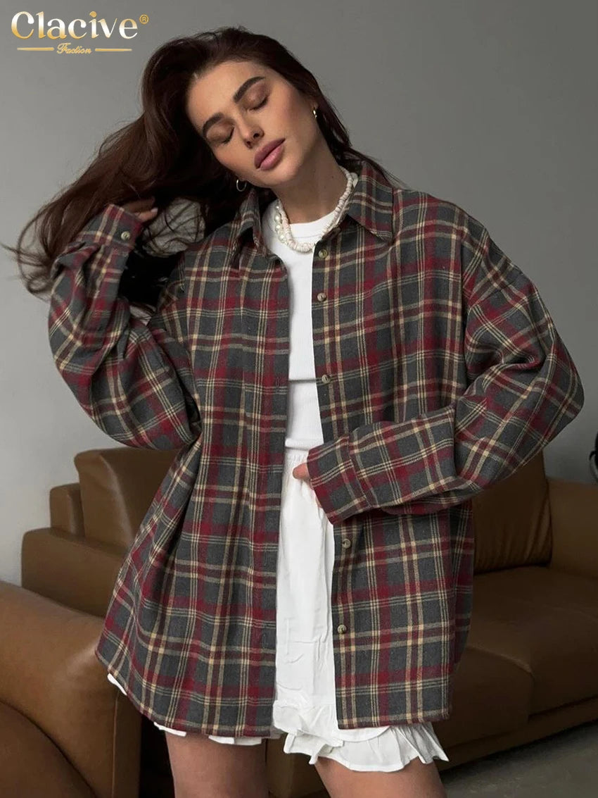 Clacive Fashion Loose Plaid Women's Shirt 2025 Vintage Lapel Long Sleeve Blouses Elegant Classic Blusas Top Female Clothing.