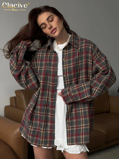Clacive Fashion Loose Plaid Women's Shirt 2025 Vintage Lapel Long Sleeve Blouses Elegant Classic Blusas Top Female Clothing.