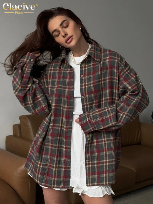 Clacive Fashion Loose Plaid Women's Shirt 2025 Vintage Lapel Long Sleeve Blouses Elegant Classic Blusas Top Female Clothing.