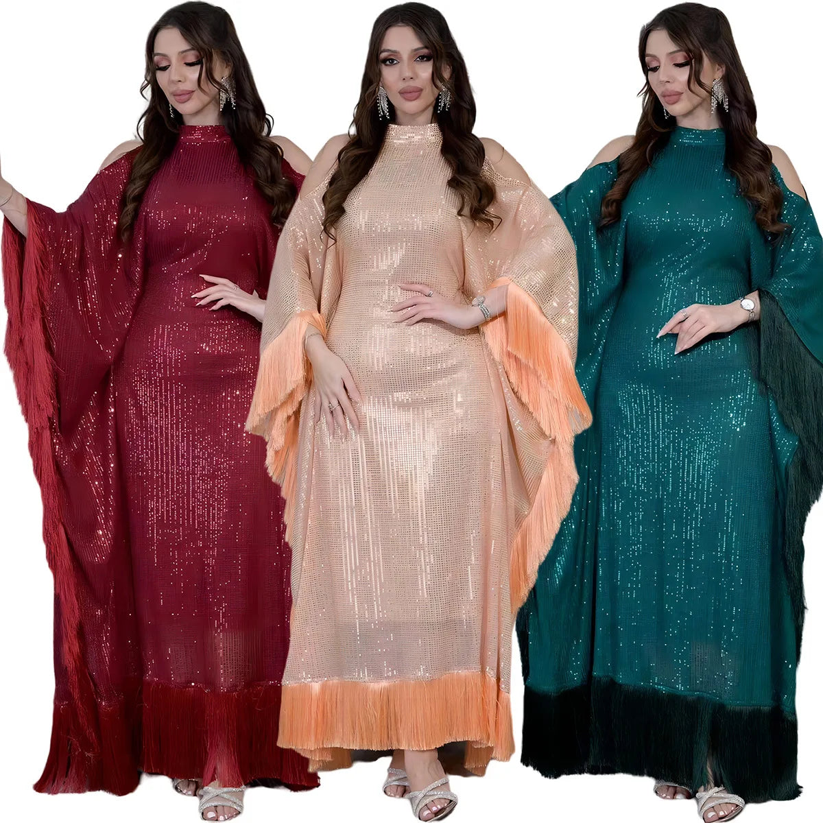 Ramadan Eid Tassel Sequin Batwing Abaya Dubai Women Islam Muslim Maxi Kaftan Dresses Kebaya Caftan Marocain Robe Femme Musulmane.