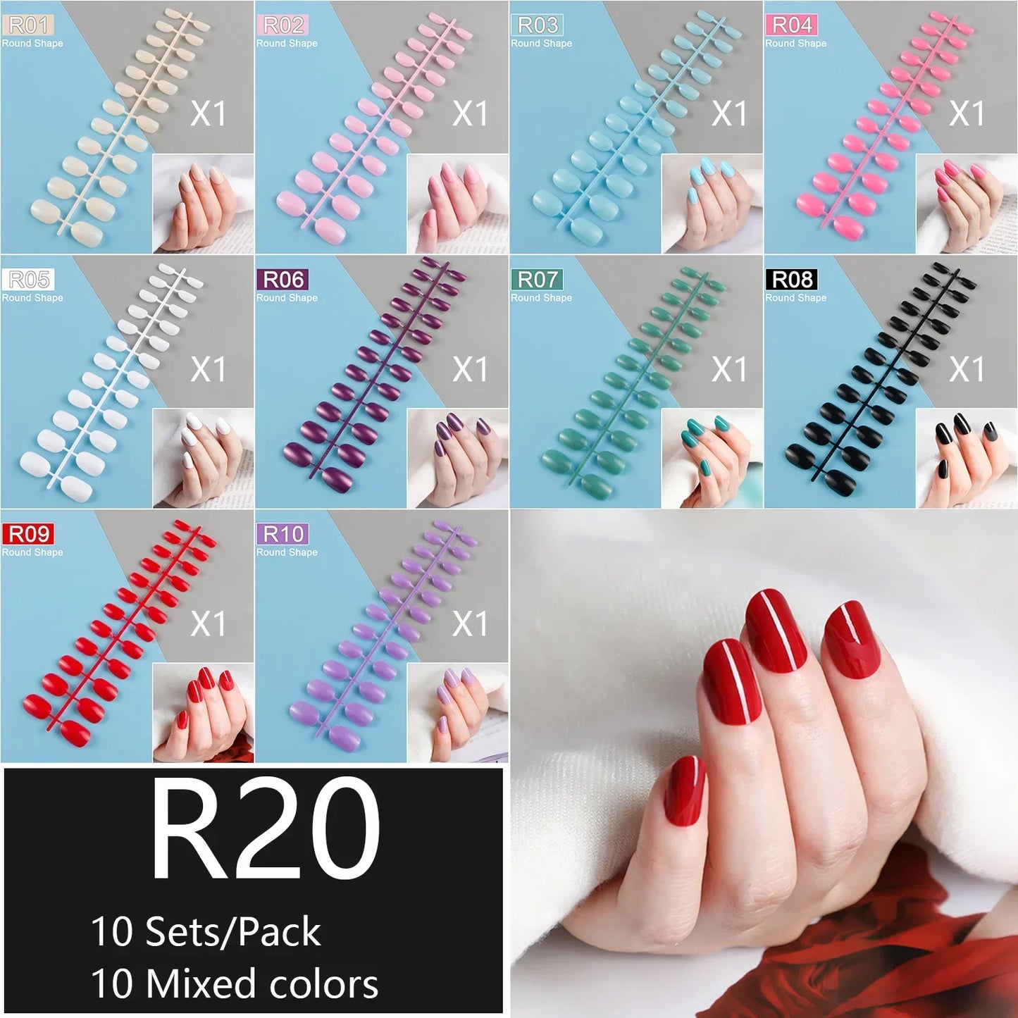 10 Sets/Pack Mixed Solid Colors Coffin Round Square Almond Shape False Nails Full Cover Nail Tips Short Fake Nails Tip Manicure