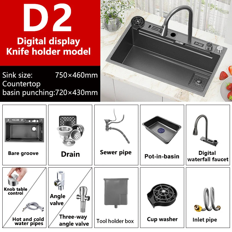 Edelstahl Küchen spüle Digital anzeige großes Single Slot hotel Multifunktion waschbecken mit Wasserfall Wasserhahn Wohnung