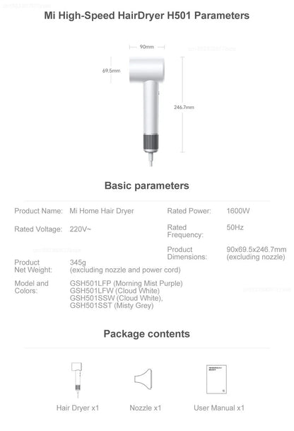 Original Xiaomi Mijia H501 High Speed Anion Hair Dryer Wind 62m/s 1600W 2min Quick Drying Professional Hair Care Negative Lon