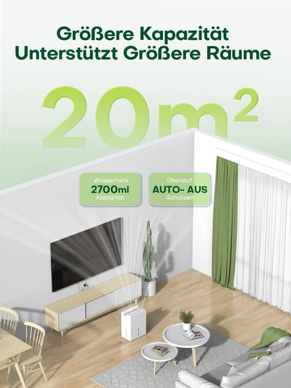 Dehumidifier 2000 ml for Bedroom, Double Hold Design, Drying Mode, Sleep Mode 30 dB, Intelligent Auto Defrost Function 24h Timer.