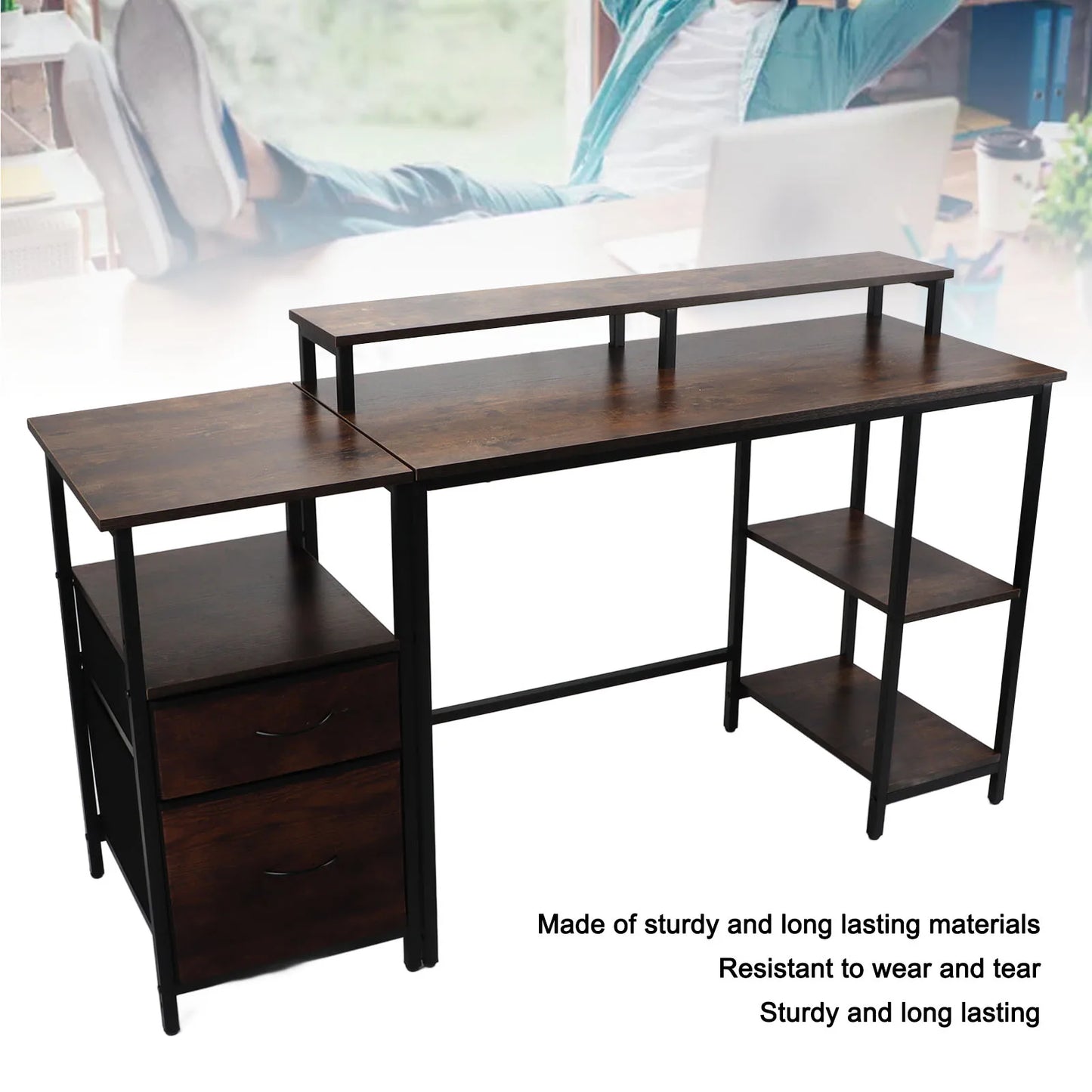 Home-Office-Computertisch, industrieller Computertisch, Vintage-Computertisch mit erhöhtem Regal für das Home Office