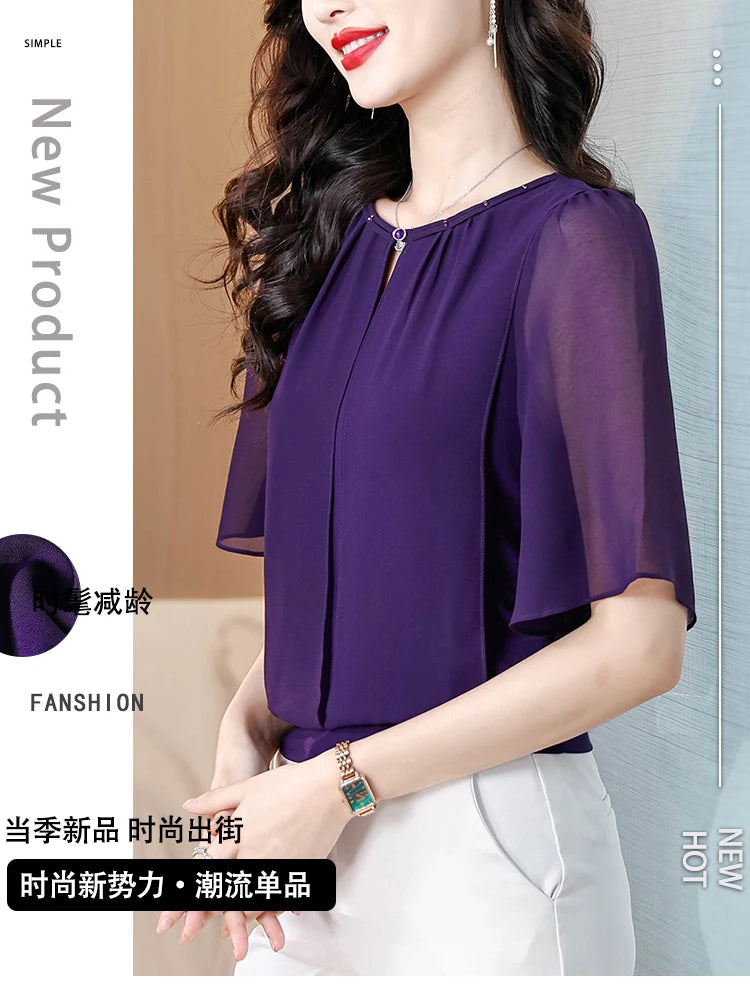 Summer Clothing Half Sleeve Chiffon Blouse 2025 New Fashion Loose Women Tops Solid Color Casual Pullovers Shirt.
