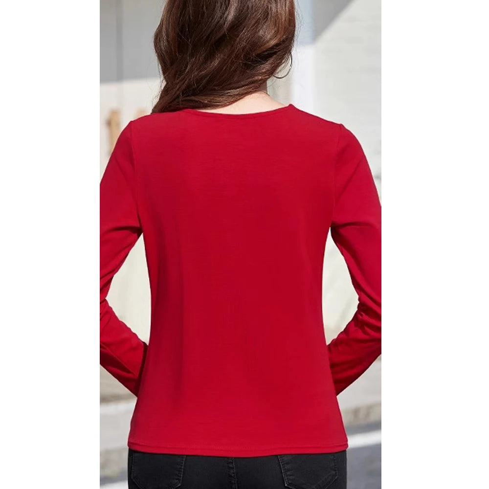Wine red pure cotton long sleeved t-shirt for women's spring and autumn new style V-neck fashionable casual plus size loose top.