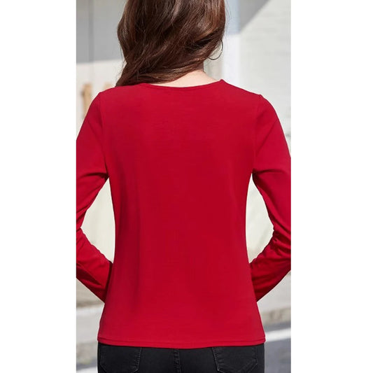 Wine red pure cotton long sleeved t-shirt for women's spring and autumn new style V-neck fashionable casual plus size loose top.