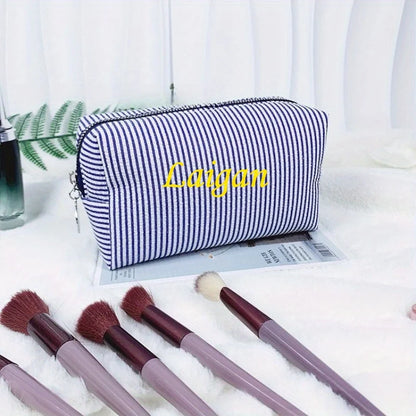 Custom Embroidered Striped Travel Toiletry Bag - Personalized Cosmetic Portable Polyester Storage for Travel School Dorm or Home.