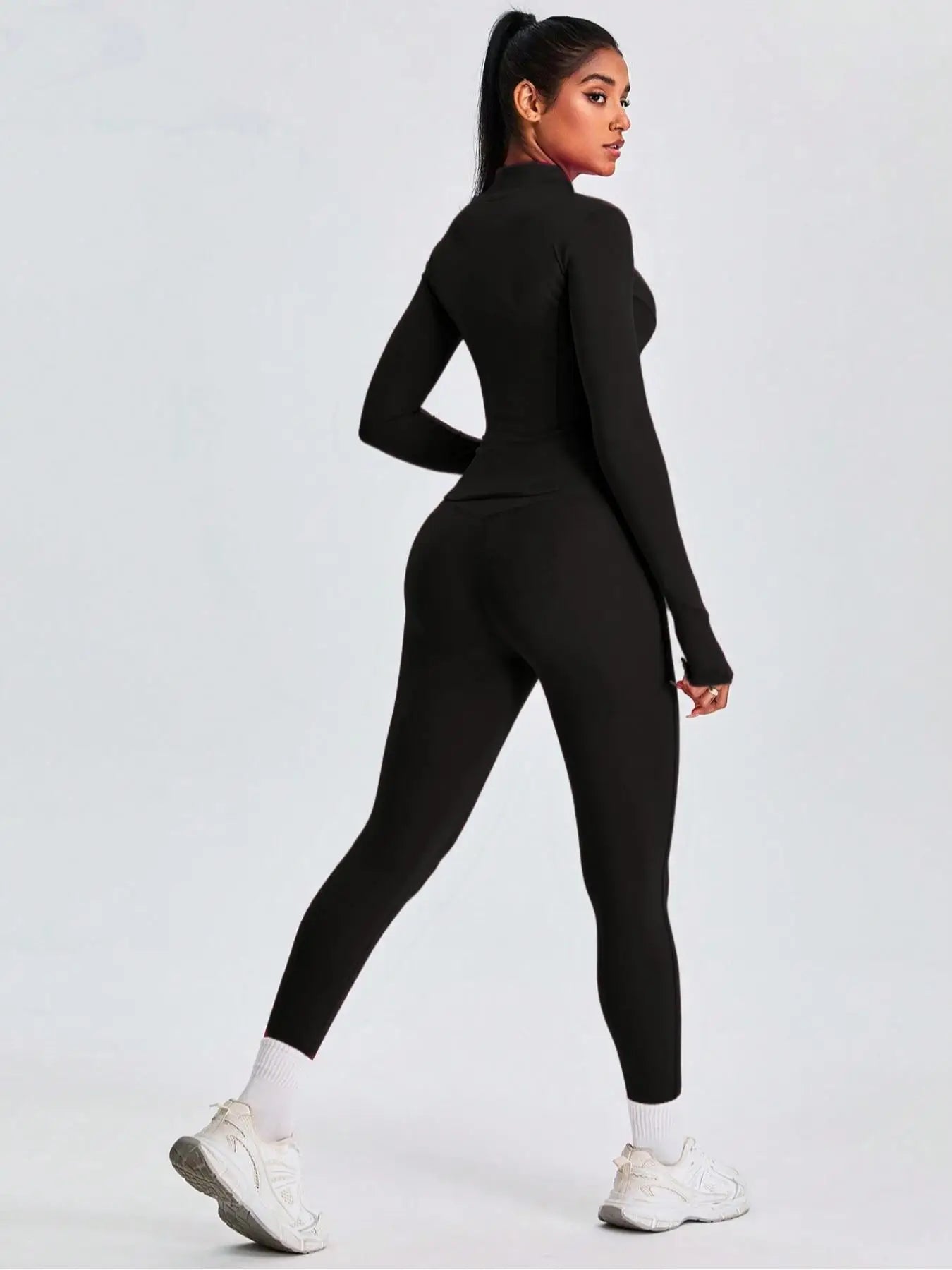 Fitfemme Two-piece Set Women's Solid Zip UpMock Neck Sports Jacket & HighWaist Leggings Set, SportyBreathable Quick Drying.