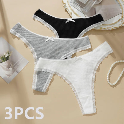 3PCS Sexy Low Waist Panties Women Lace Trim Solid Color Briefs M-XL Breathable Comfortable Lingerie Female Rib Cotton Underwear.