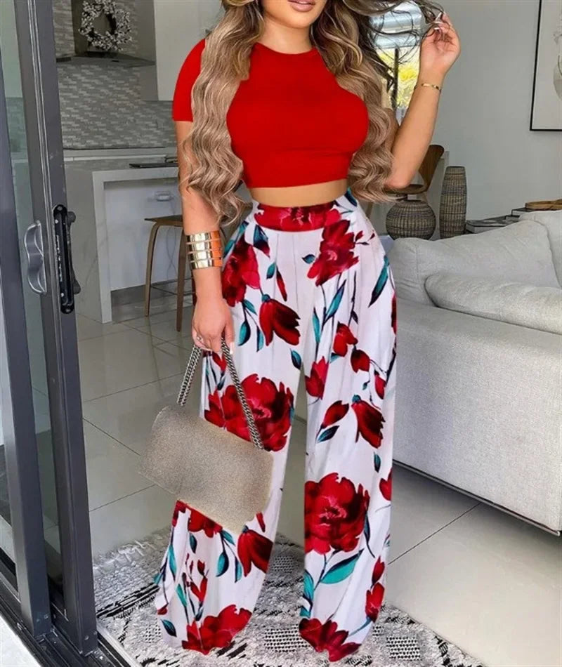 Women Print Pant Sets Two Piece Suit Round Neck Short Sleeve Tops Vests Wide Leg Trousers High Waist Pant Matching Sets Summer.