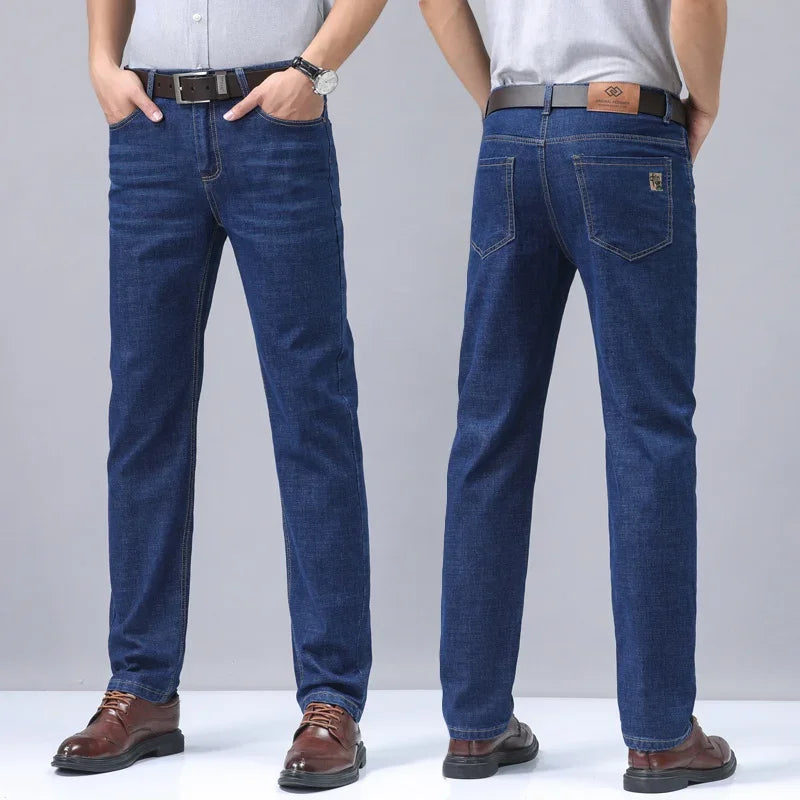 2024 New Brand Men's Fit Straight Lightweight Cotton Stretch Denim Pants Casual Male High Waist Thin Light Blue Business Jeans