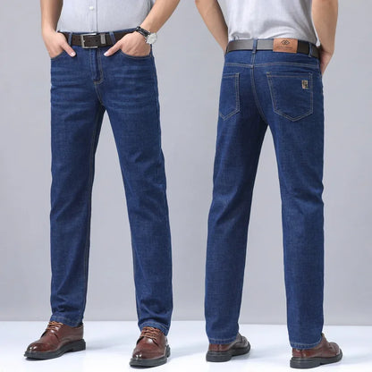 2024 New Brand Men's Fit Straight Lightweight Cotton Stretch Denim Pants Casual Male High Waist Thin Light Blue Business Jeans