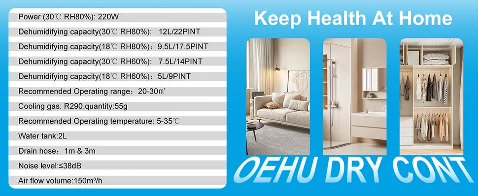 LOEFME 2L Dehumidifier Moisture Absorbers Home Air Dryer Electric Dehumidifier 12L/Day Dehumidification Timer 3 Modes W/ 3M Hose.