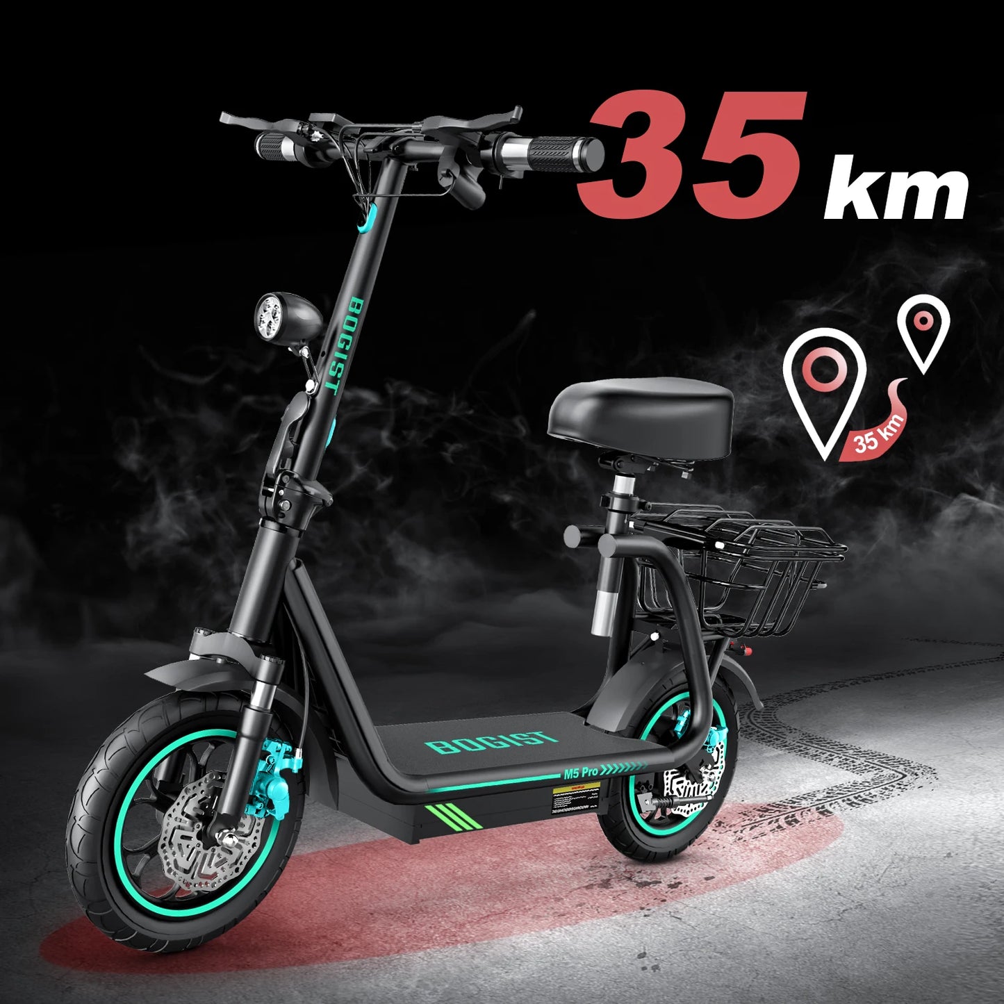 Bogist-M5 Pro Electric Scooter with Storage Basket, Inflatable Wheels, Front Shock Absorber, 500W, 48V, 15Ah, 12 Inch E-Scooter.